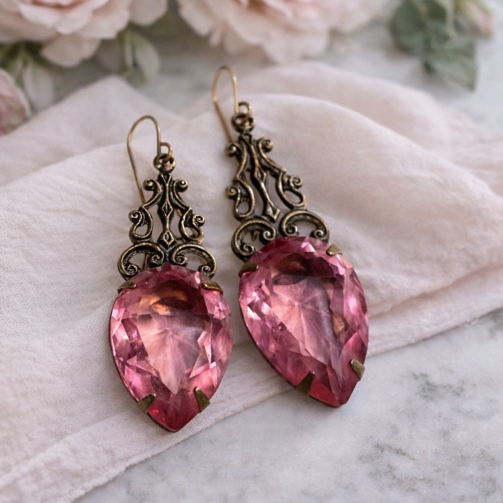 Sadie Green Pink Crystal Filigree Drop Earrings | Vintage Victorian Style